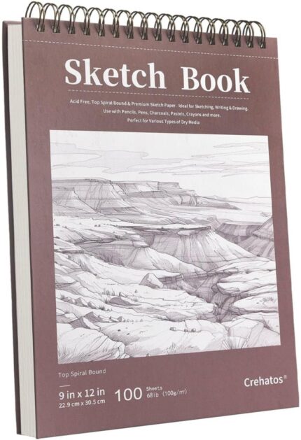Crehatos 9" x 12" Sketch Book, Top Spiral Bound Sketch Pad, 100 Sheets 68lb/100gsm Drawing Paper, 1 Pack
