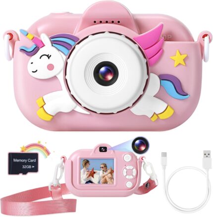 Kids Camera Toys for Girls Age 3-8, Kids Digital Camera Toddler Camera for 3 4 5 6 7 8 Years Old Birthday Gifts, 1080P Video Camera with Cute Protective Cover & 32GB SD Card
